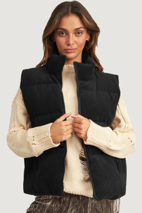 Corduroy Stand-Collar Zip-Front Quilted Puffer Vest